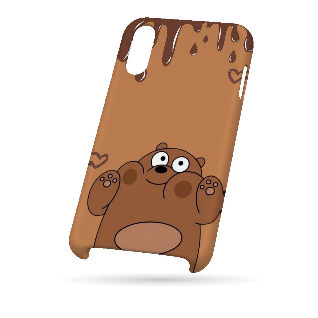 Chocolate Brown Bear 3D Print iPhone X Phone Case, bottom view; a rounded brown cartoon bear with a tan belly and chocolate-drip details