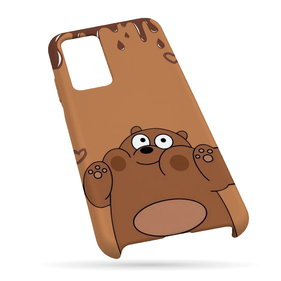 Chocolate Brown Bear 3D Print Samsung A32 4G Phone Case, bottom view; a rounded brown cartoon bear with a tan belly and chocolate-drip details