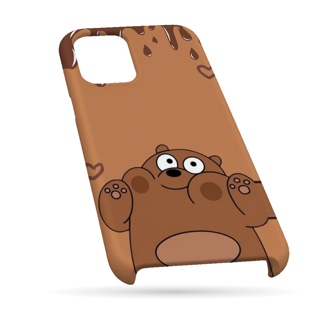 Chocolate Drip Bear 3D Print iPhone 13 Phone Case, bottom view; a wide-eyed brown bear below a chocolate-drip border