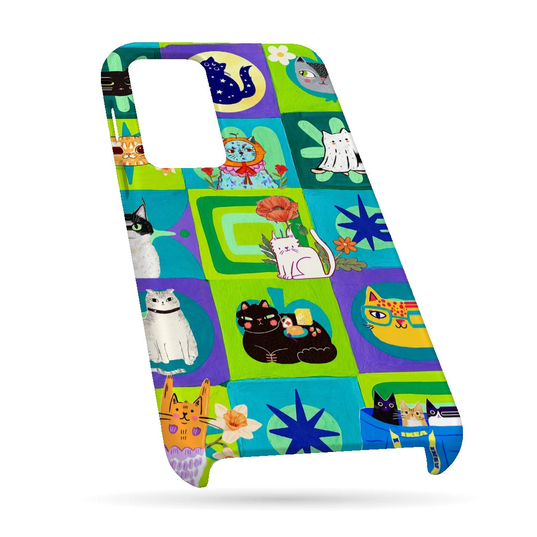 Color Block Cat Tiles 3D Print OnePlus Nord 2 Phone Case, bottom view; colorful checkerboard tiles filled with cats, flowers and small graphic motifs
