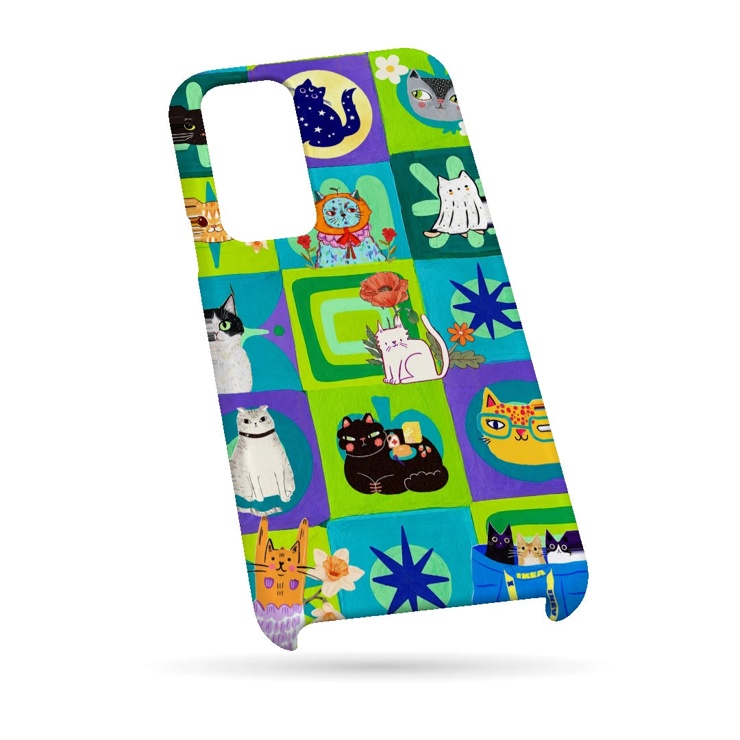 Color Block Cat Tiles 3D Print Samsung S23 FE Phone Case, bottom view; colorful checkerboard tiles filled with cats, flowers and small graphic motifs
