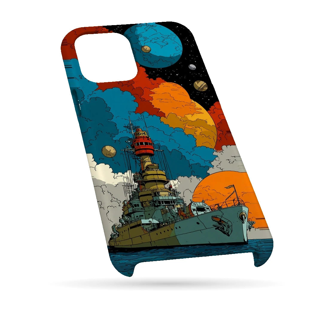 Cosmic Ship 3D Print iPhone 14 Phone Case, bottom view; a detailed ship below colorful planets and clouds