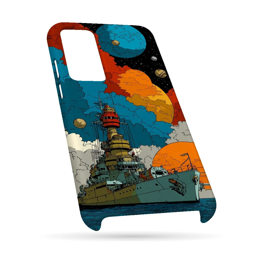 Cosmic Ship 3D Print OnePlus 9RT Phone Case, bottom view; a detailed ship below colorful planets and clouds