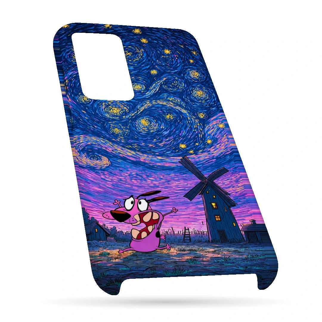 Courage Starry Night 3D Print OnePlus 8T Phone Case, bottom view; a pink cartoon dog beneath a swirling blue and purple starry sky