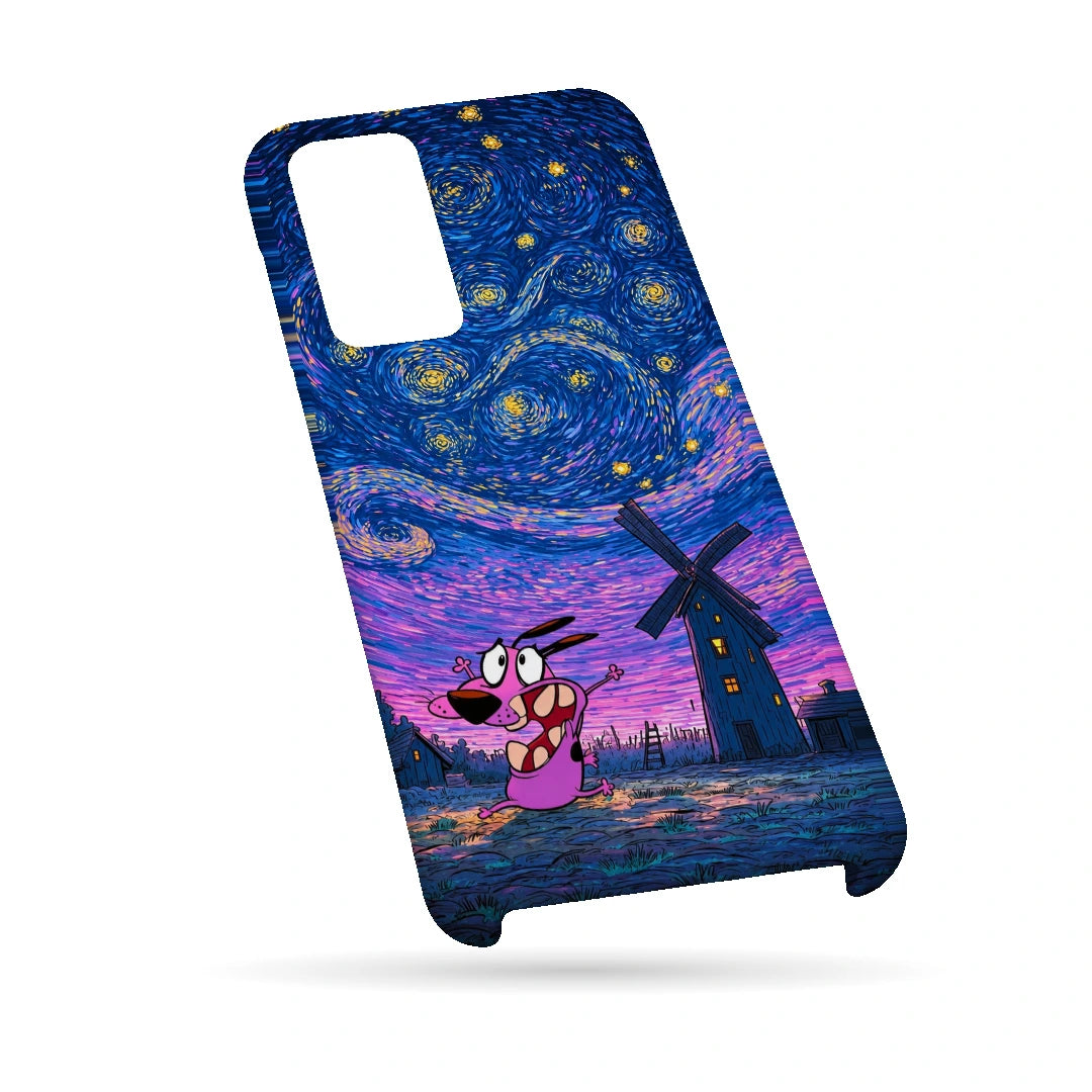 Courage Starry Night 3D Print Samsung A13 5G Phone Case, bottom view; a pink cartoon dog beneath a swirling blue and purple starry sky