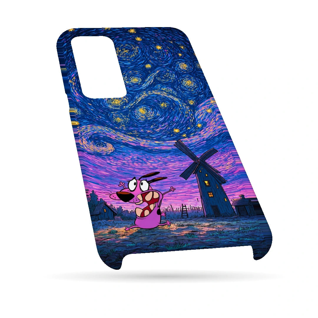Courage Starry Night 3D Print Samsung F13 Phone Case, bottom view; a pink cartoon dog beneath a swirling blue and purple starry sky