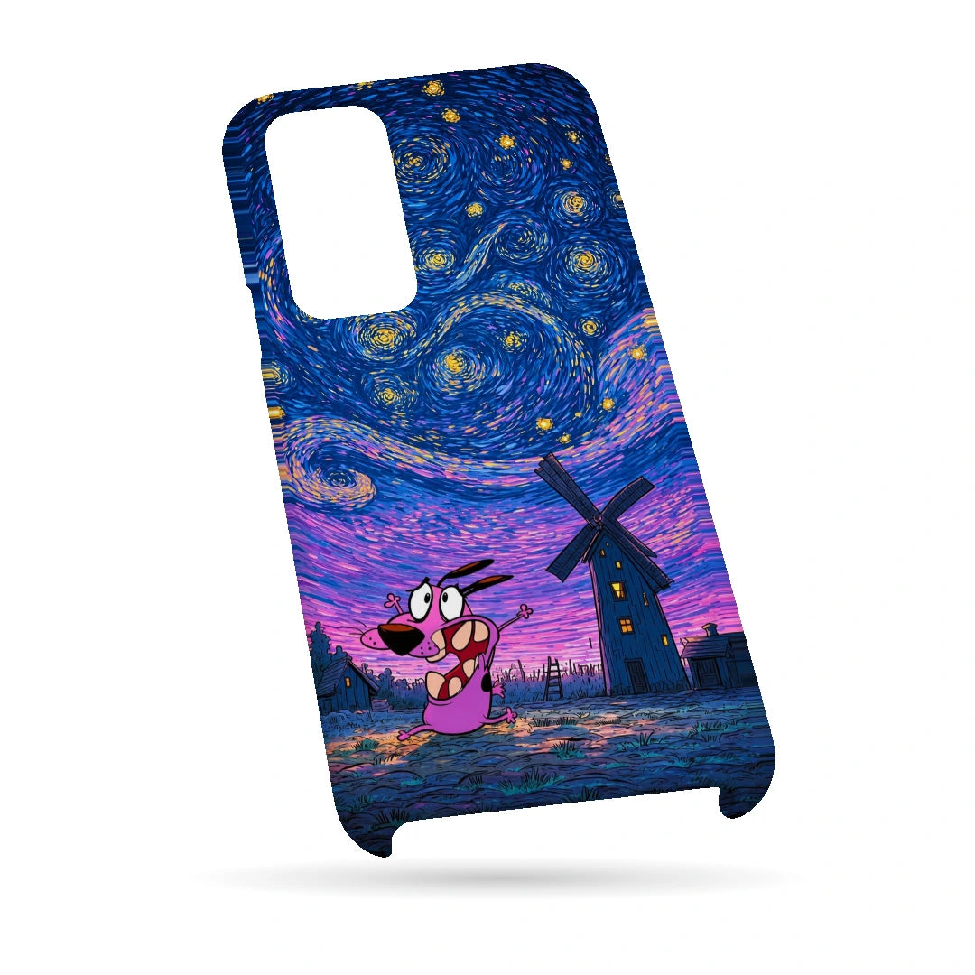 Courage Starry Night 3D Print Samsung S23 FE Phone Case, bottom view; a pink cartoon dog beneath a swirling blue and purple starry sky