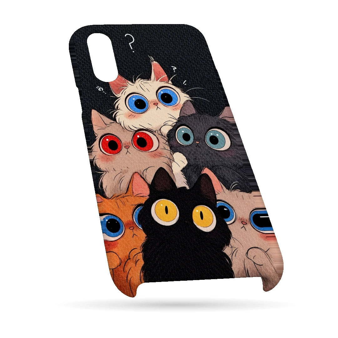 Curious Cat Parade 3D Print iPhone XR Phone Case, bottom view; stacked wide-eyed cats in black, cream, orange and gray against a dark textured background