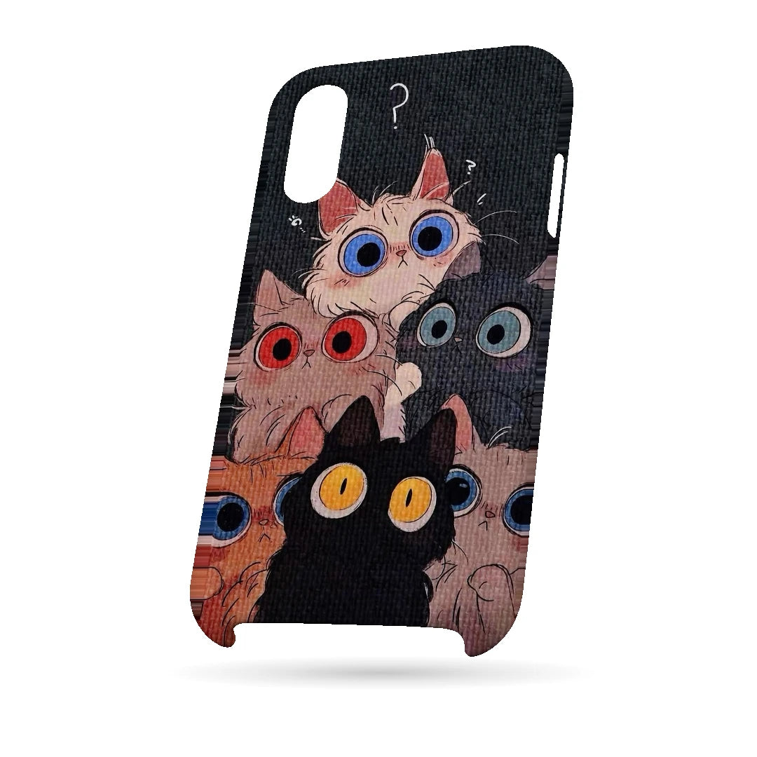 Curious Cats Close-Up 3D Print iPhone XS Phone Case, bottom view; wide-eyed cats in cream, black, orange and gray on a dark background