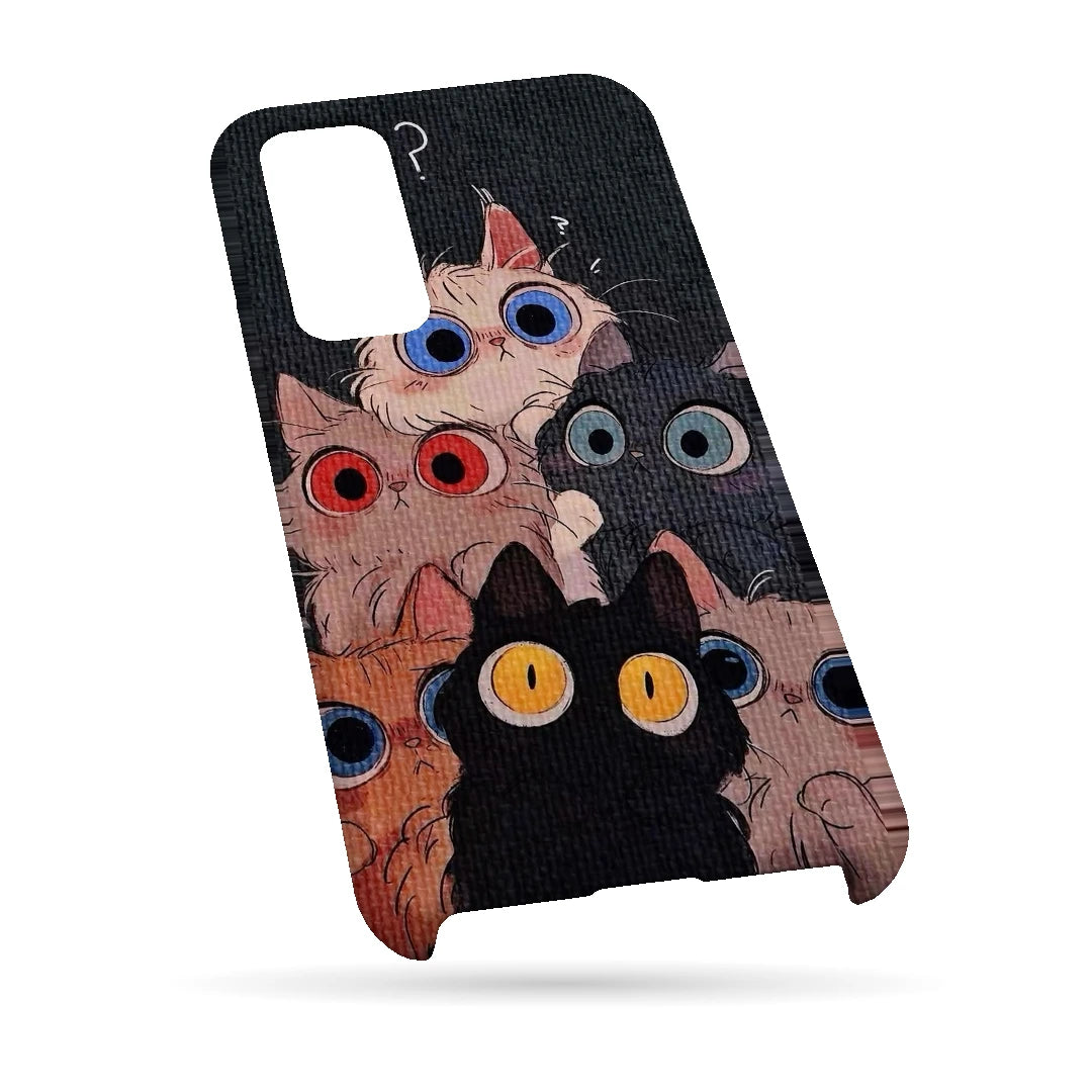 Curious Cats Close-Up 3D Print Samsung A34 5G Phone Case, bottom view; wide-eyed cats in cream, black, orange and gray on a dark background