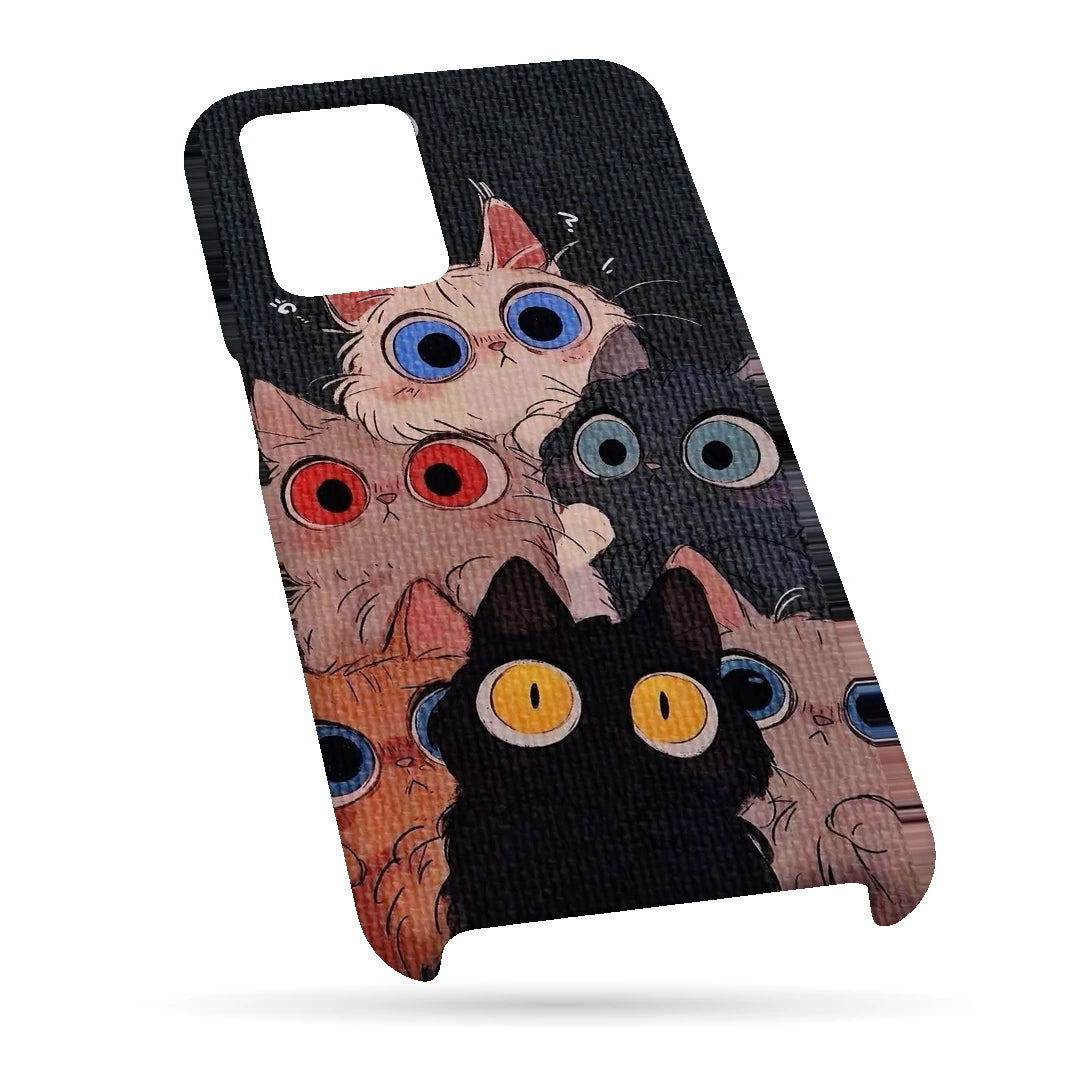 Curious Cats Close-Up 3D Print Samsung M32 4G Phone Case, bottom view; wide-eyed cats in cream, black, orange and gray on a dark background