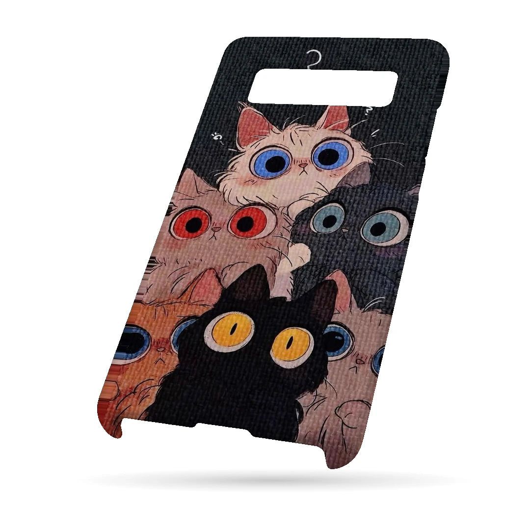 Curious Cats Close-Up 3D Print Samsung Note 8 Phone Case, bottom view; wide-eyed cats in cream, black, orange and gray on a dark background