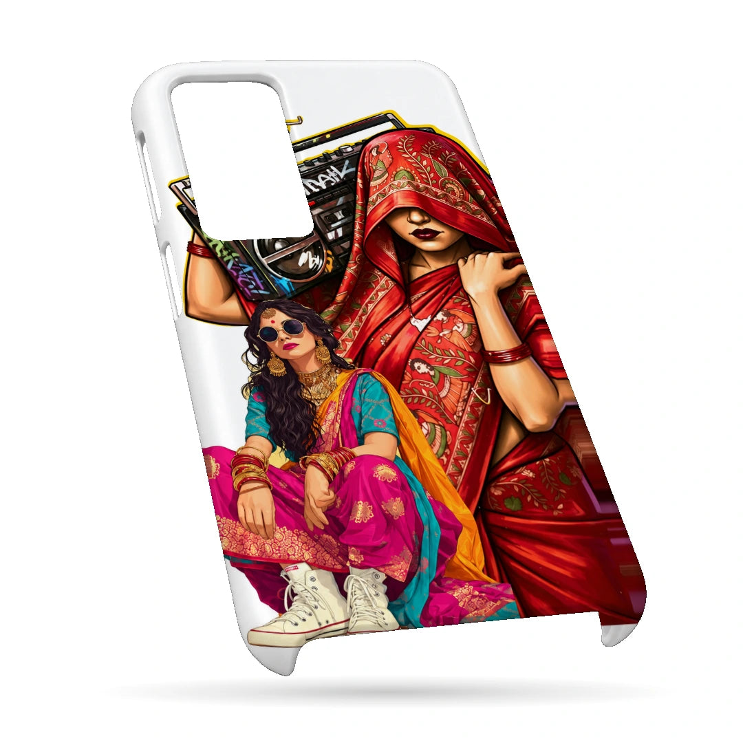 Desi Boombox Collage 3D Print OnePlus 10R Phone Case, bottom view; a woman lifting a boombox above colorful traditional outfit illustrations