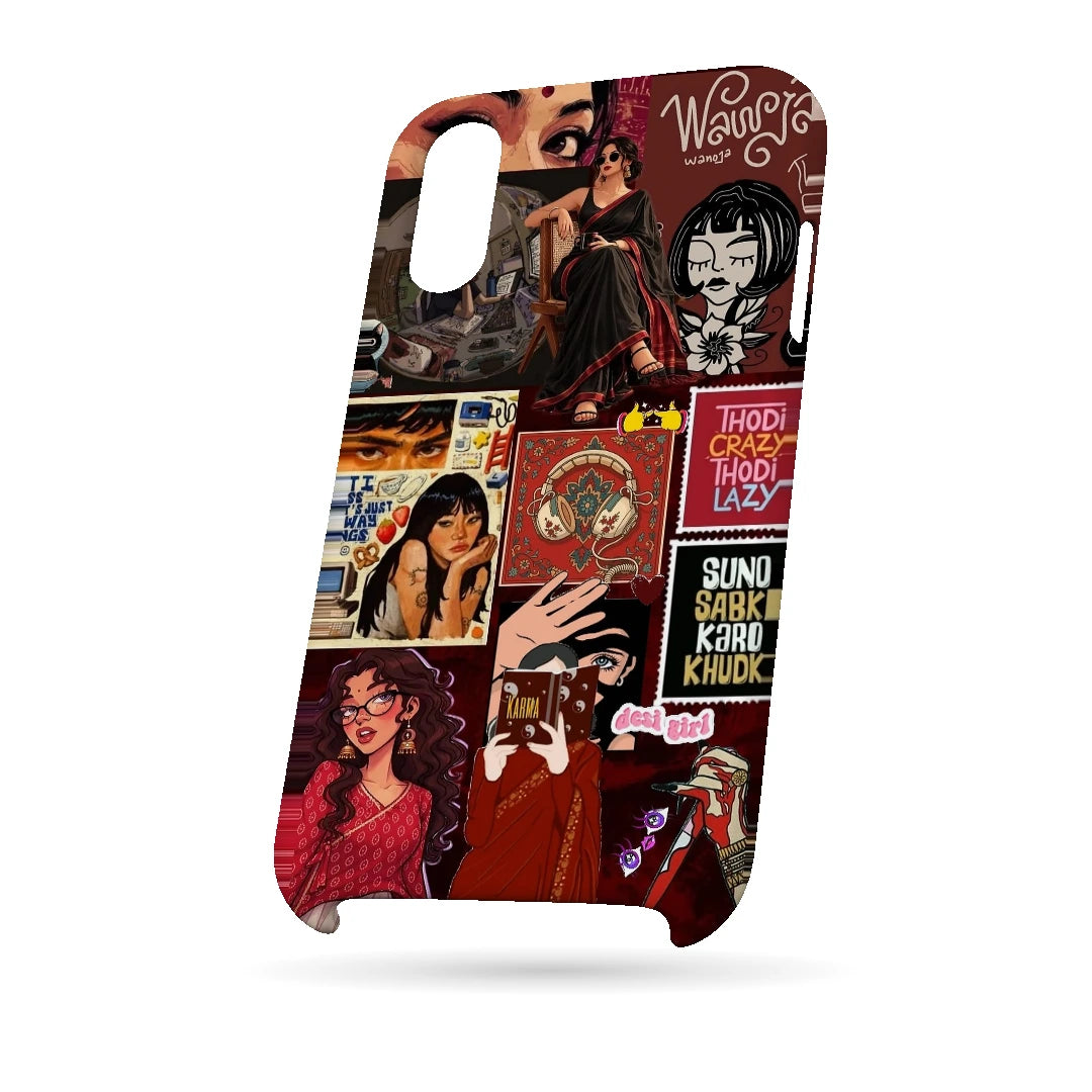 Desi Cinema Collage 3D Print iPhone XS Phone Case, bottom view; illustrated portraits, Hindi lettering and red vintage poster textures