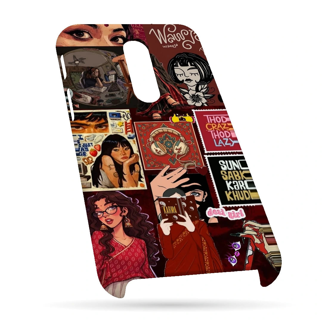 Desi Cinema Collage 3D Print OnePlus 6T Phone Case, bottom view; illustrated portraits, Hindi lettering and red vintage poster textures