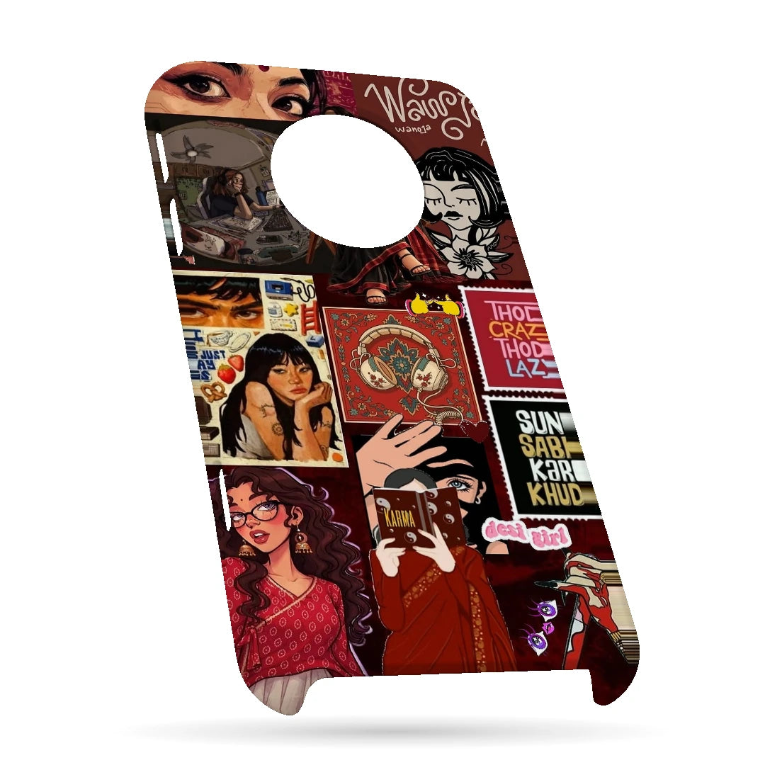 Desi Cinema Collage 3D Print OnePlus 7T Phone Case, bottom view; illustrated portraits, Hindi lettering and red vintage poster textures
