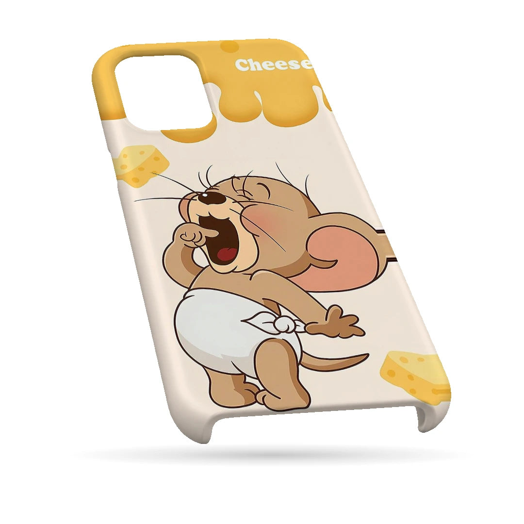Jerry Cheese 3D Print iPhone 13 Phone Case, bottom view; Jerry holding cheese beneath yellow cheese-drip artwork on an off-white background