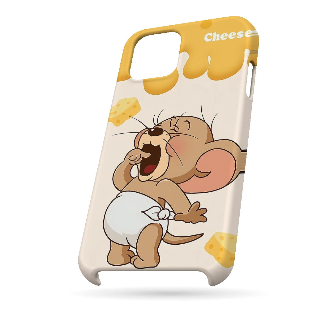 Jerry Cheese 3D Print iPhone 15 Plus Phone Case, bottom view; Jerry holding cheese beneath yellow cheese-drip artwork on an off-white background