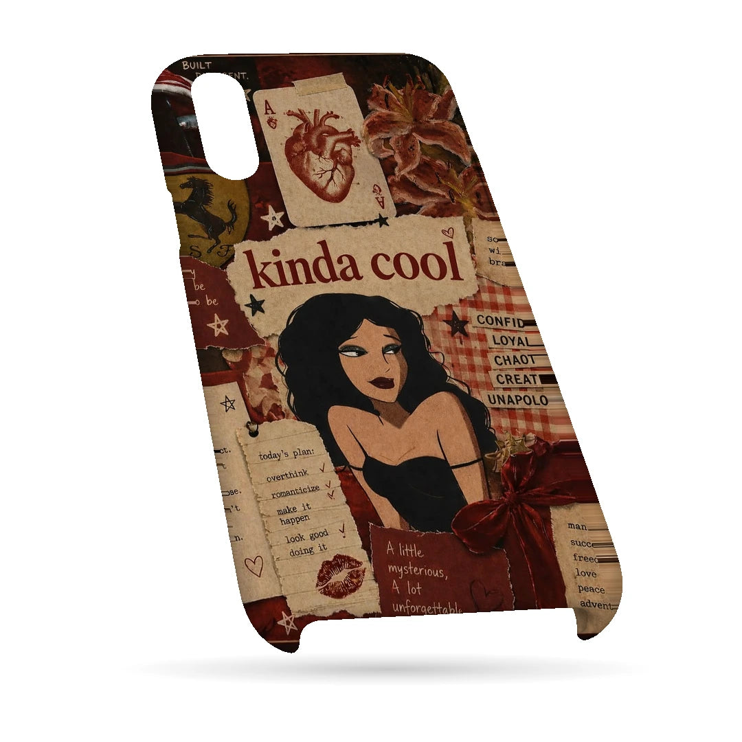 Kinda Cool Retro Girl 3D Print iPhone XR Phone Case, bottom view; an illustrated woman and Kinda Cool lettering over warm vintage paper textures