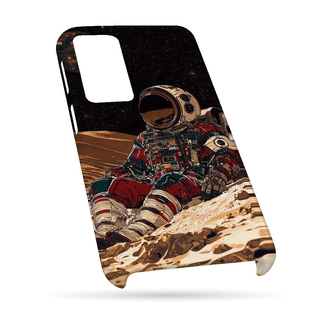 Lunar Astronaut 3D Print OnePlus 10R Phone Case, bottom view; a seated astronaut in a red suit on a pale rocky lunar landscape