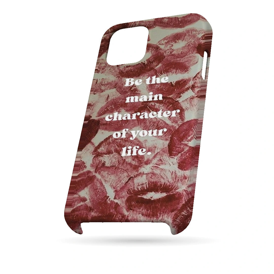 Main Character Kiss Quote 3D Print iPhone 15 Plus Phone Case, bottom view; Be the Main Character of Your Life lettering over red kiss marks