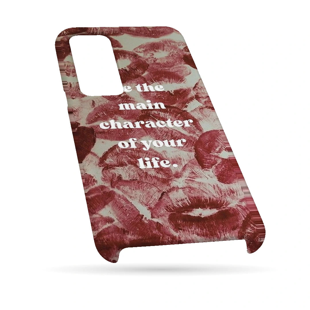 Main Character Kiss Quote 3D Print Samsung F13 Phone Case, bottom view; Be the Main Character of Your Life lettering over red kiss marks