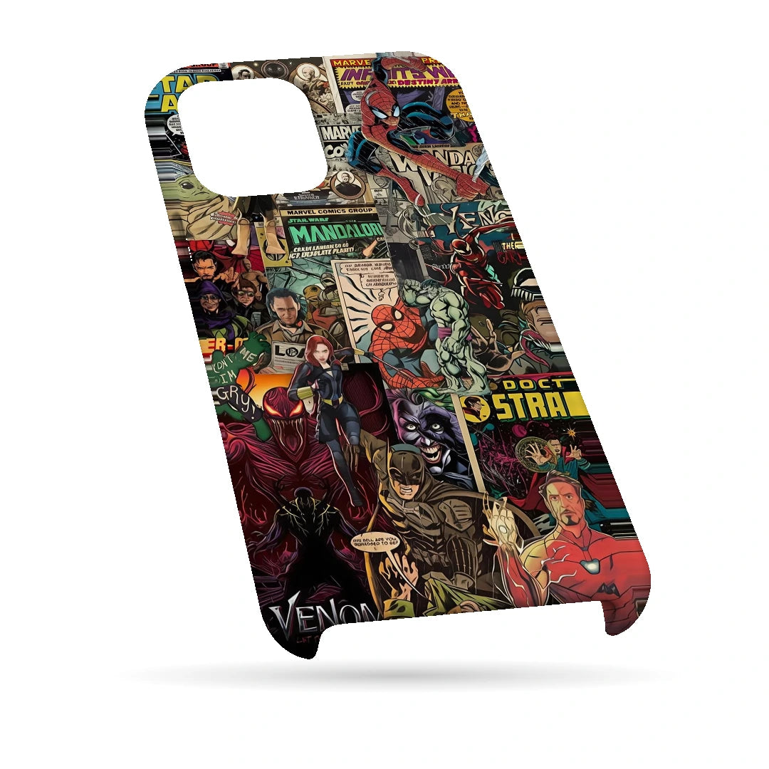 Marvel Comic Collage 3D Print iPhone 14 Phone Case, bottom view; a colorful layered collage of comic characters and illustrated panels