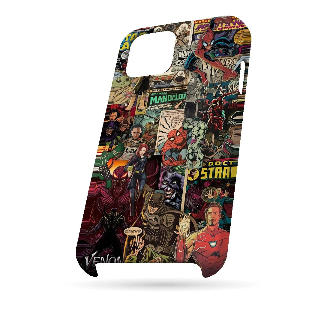 Marvel Comic Collage 3D Print iPhone 15 Plus Phone Case, bottom view; a colorful layered collage of comic characters and illustrated panels