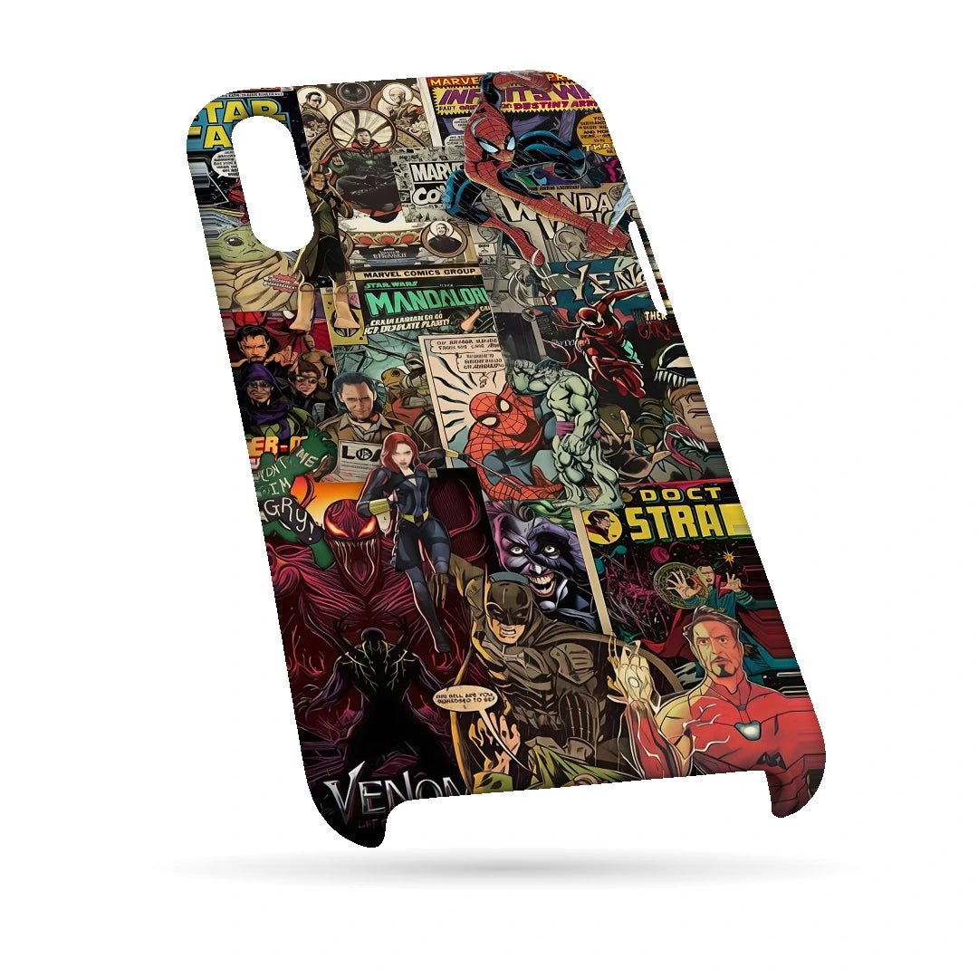 Marvel Comic Collage 3D Print iPhone XS Max Phone Case, bottom view; a colorful layered collage of comic characters and illustrated panels