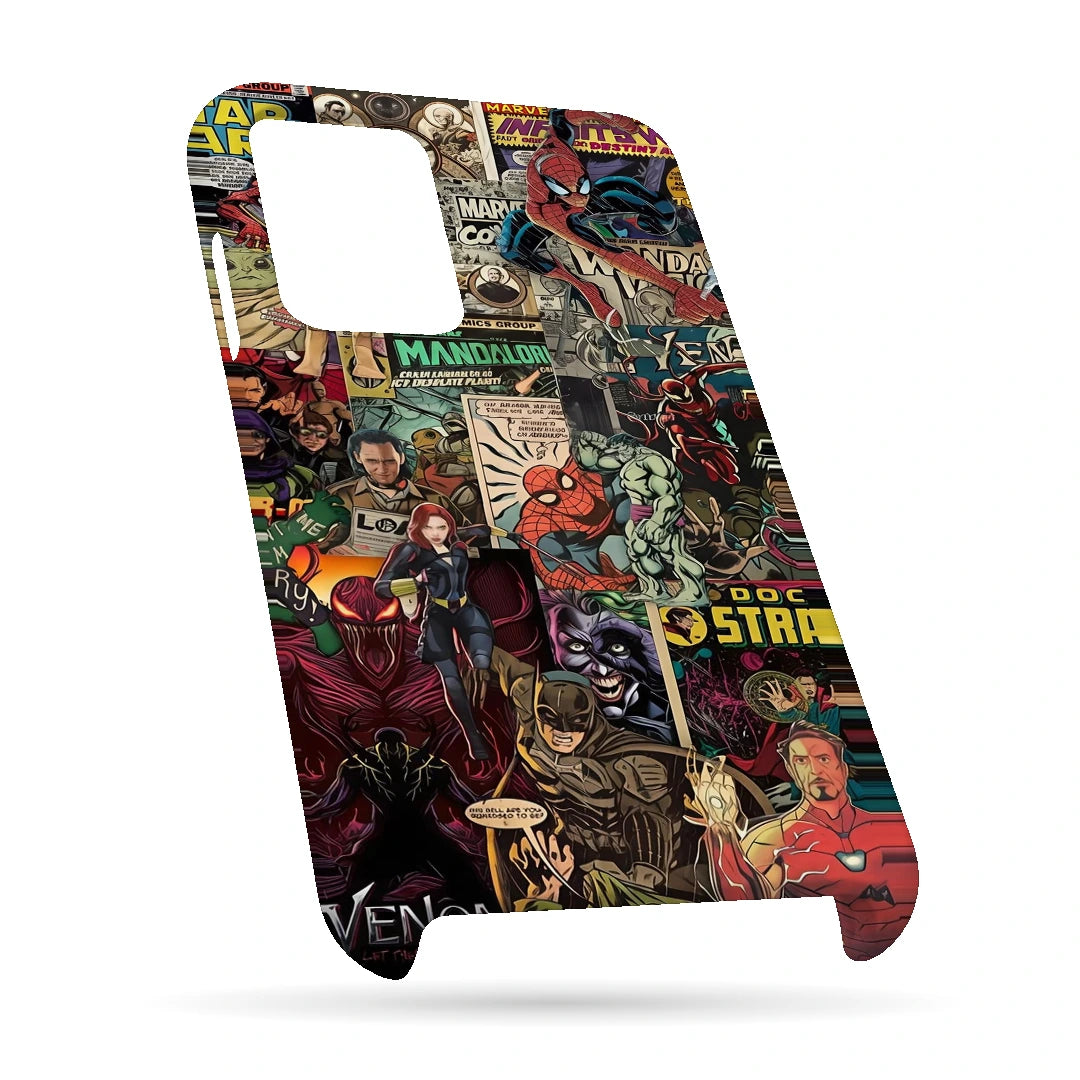 Marvel Comic Collage 3D Print OnePlus 10 Pro Phone Case, bottom view; a colorful layered collage of comic characters and illustrated panels