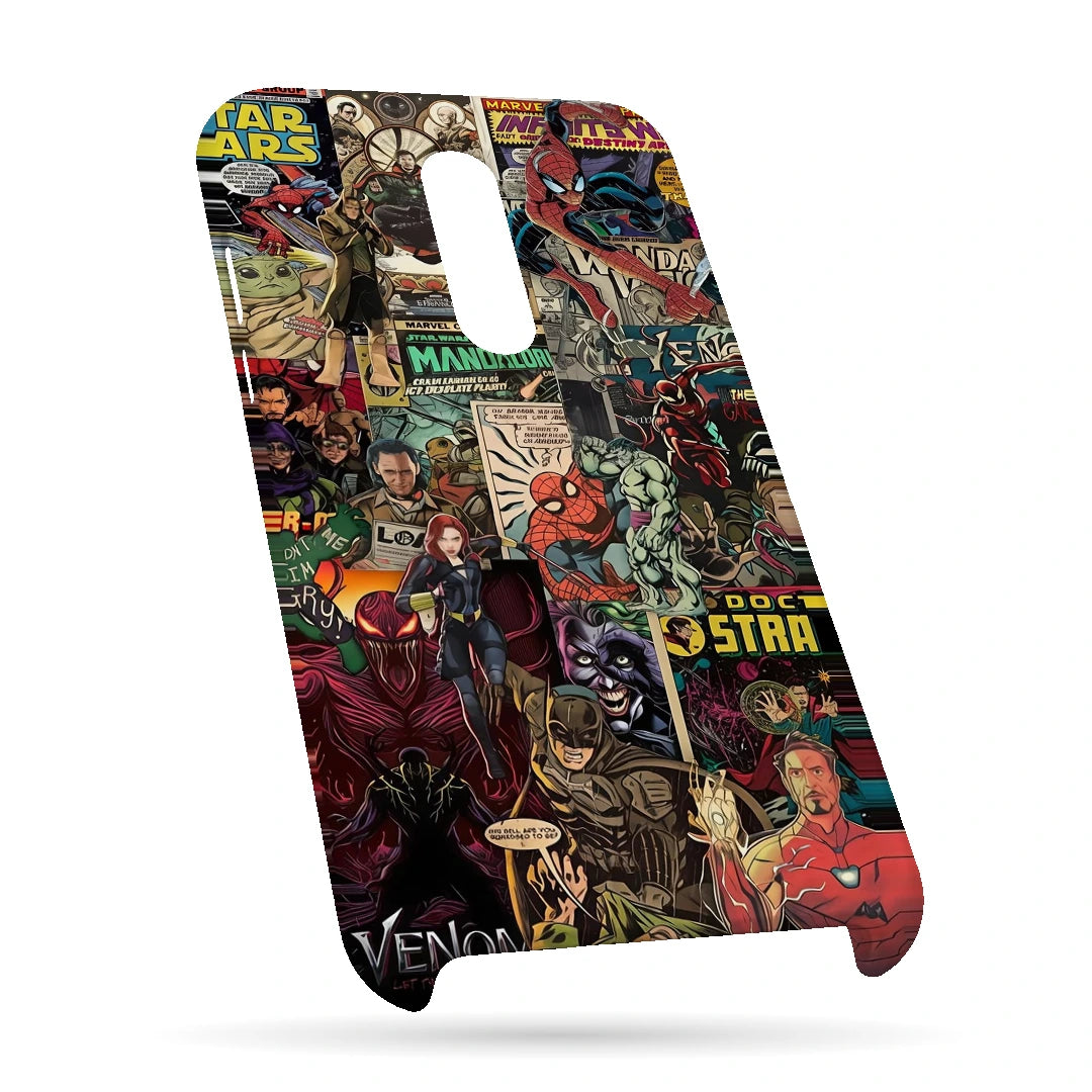 Marvel Comic Collage 3D Print OnePlus 7 Phone Case, bottom view; a colorful layered collage of comic characters and illustrated panels
