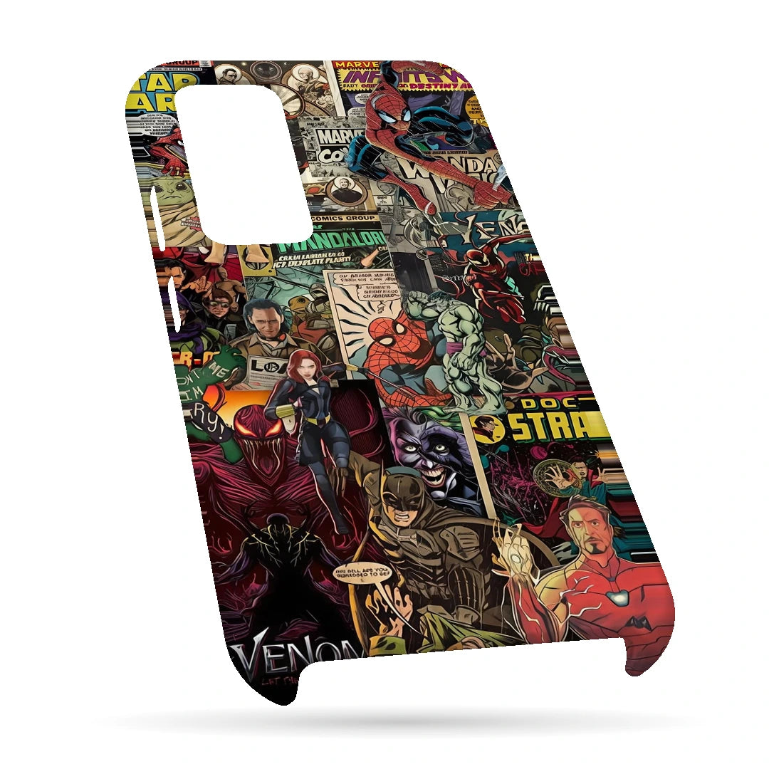Marvel Comic Collage 3D Print OnePlus 9 Phone Case, bottom view; a colorful layered collage of comic characters and illustrated panels