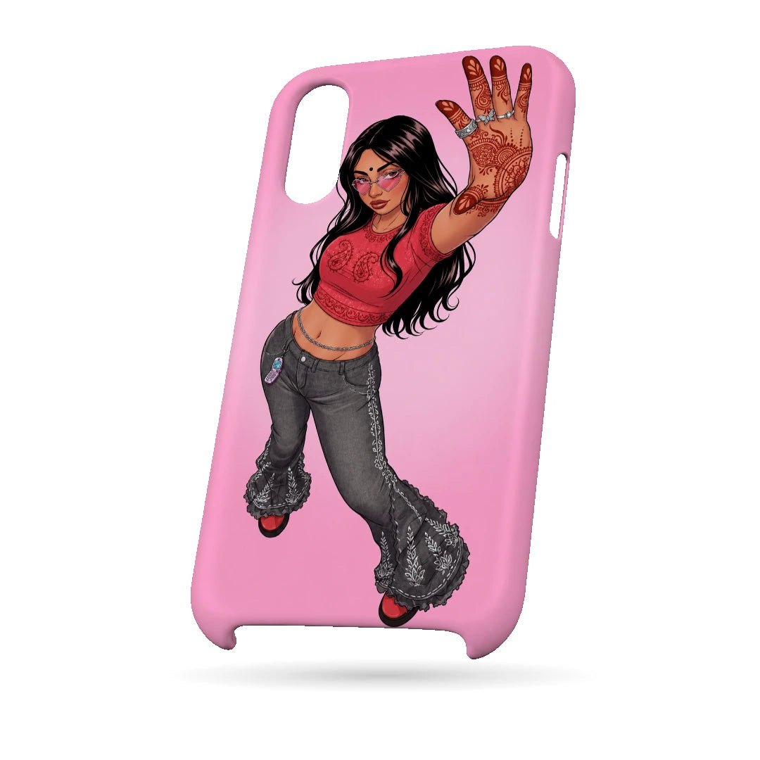 Mehendi Girl Full Pose 3D Print iPhone XS Phone Case, bottom view; a full-length illustrated girl in flared gray trousers against a bright pink background