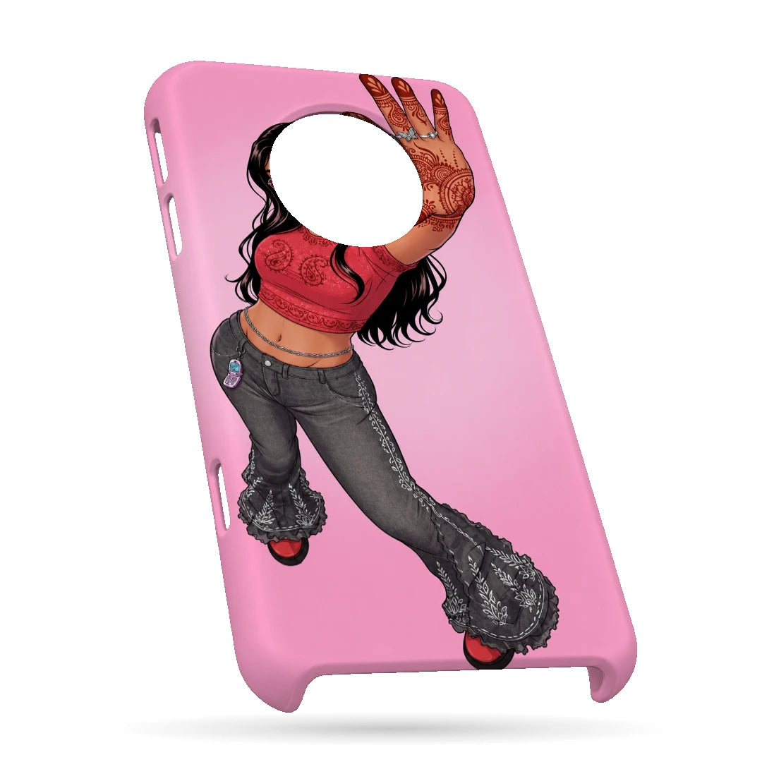 Mehendi Girl Full Pose 3D Print OnePlus 7T Phone Case, bottom view; a full-length illustrated girl in flared gray trousers against a bright pink background