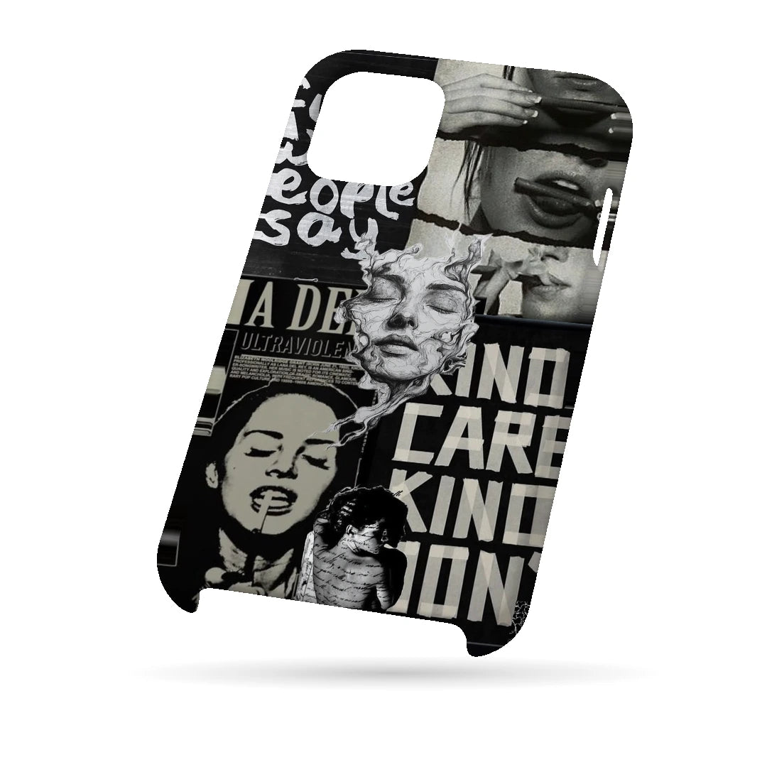 Monochrome Statue Collage 3D Print iPhone 15 Phone Case, bottom view; classical portrait sculpture and bold lettering in a black-and-white collage