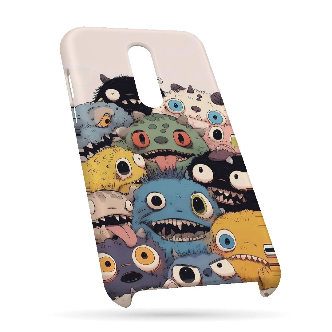 Monster Friends 3D Print OnePlus 7 Phone Case, bottom view; a crowd of colorful, wide-eyed cartoon monsters on a pale background