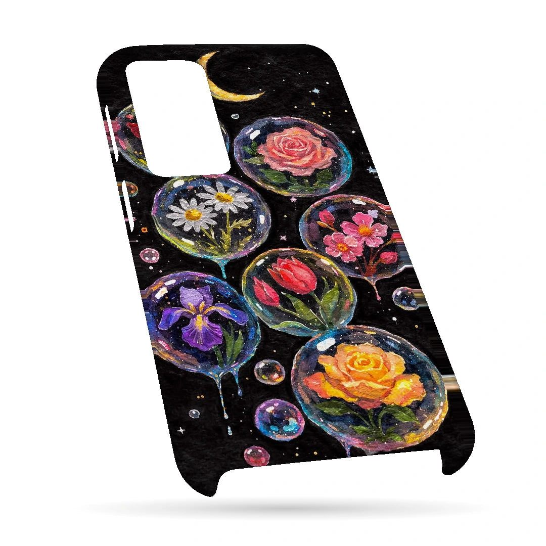 Moonlit Flower Bubbles 3D Print OnePlus 10R Phone Case, bottom view; colorful flowers inside translucent circles beneath a crescent moon