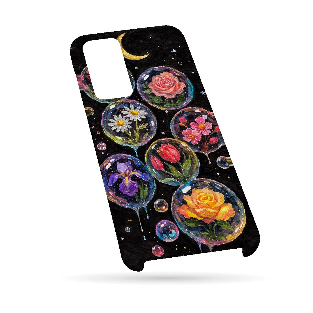 Moonlit Flower Bubbles 3D Print Samsung A13 5G Phone Case, bottom view; colorful flowers inside translucent circles beneath a crescent moon