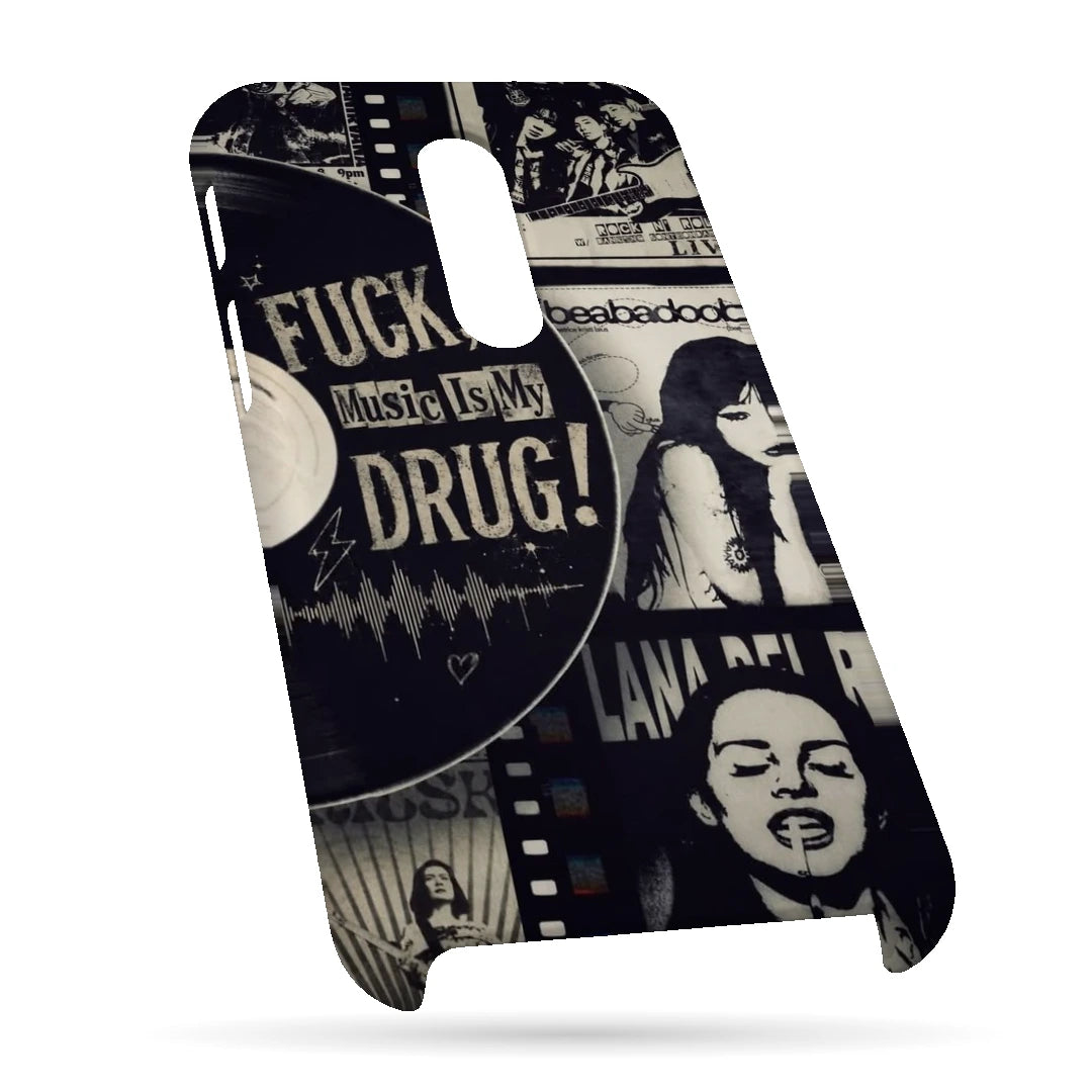 Music Is My Drug Collage 3D Print OnePlus 6T Phone Case, bottom view; black-and-white music portraits and Music Is My Drug poster lettering