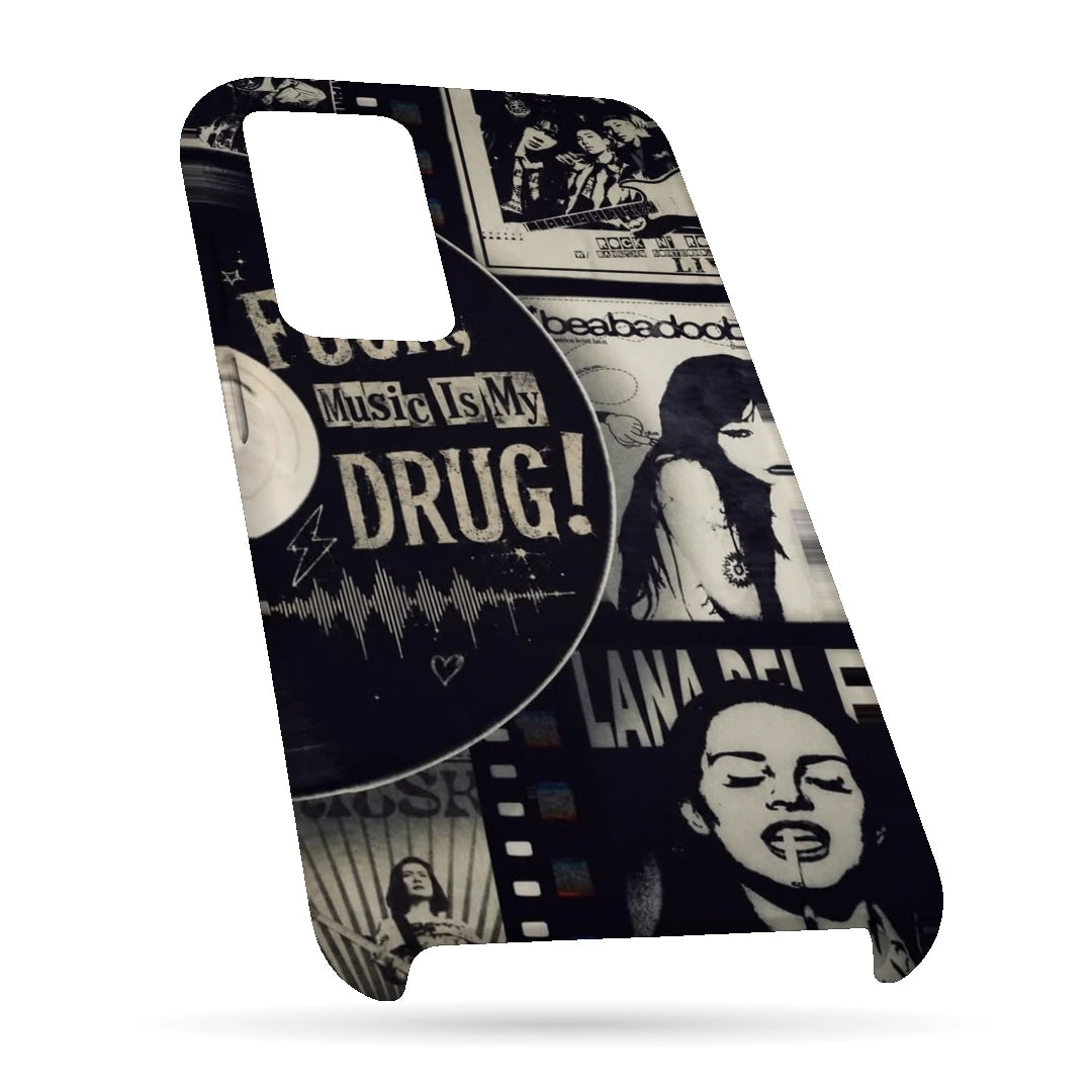Music Is My Drug Collage 3D Print OnePlus 8T Phone Case, bottom view; black-and-white music portraits and Music Is My Drug poster lettering