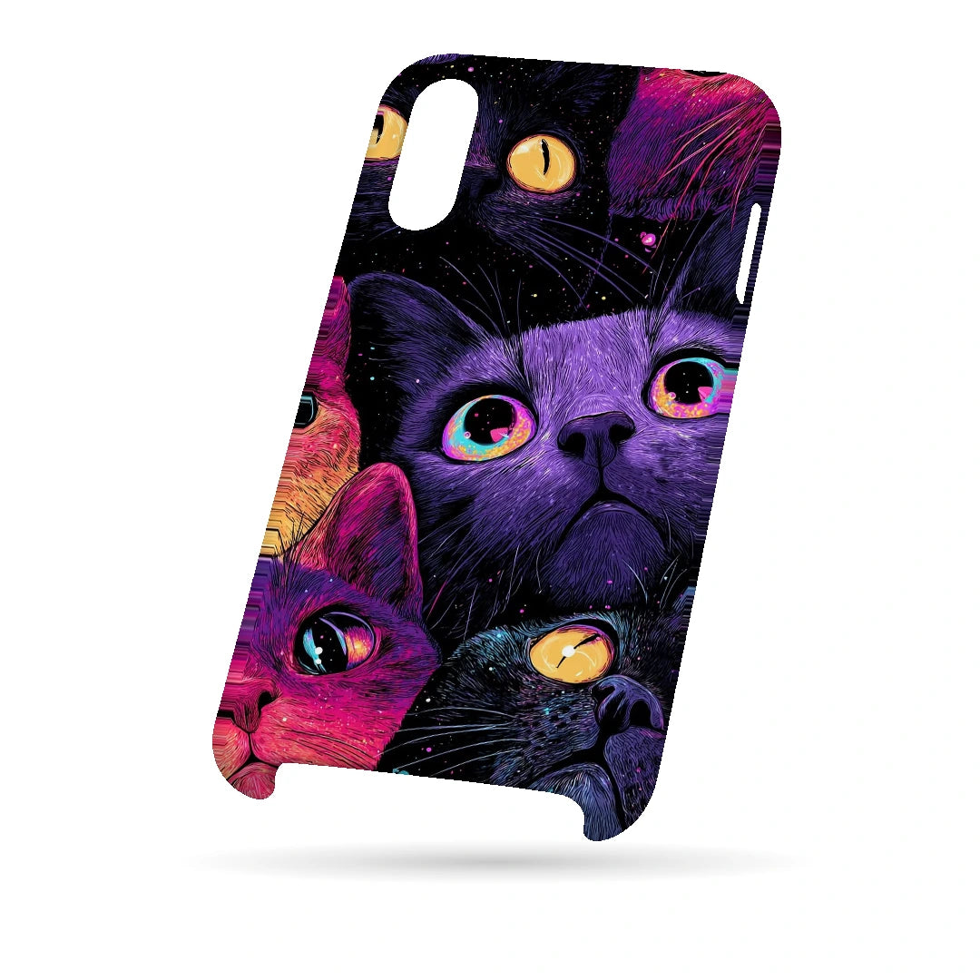 Neon Cat Faces 3D Print iPhone X Phone Case, bottom view; close-up cat faces in vivid purple, pink and blue tones