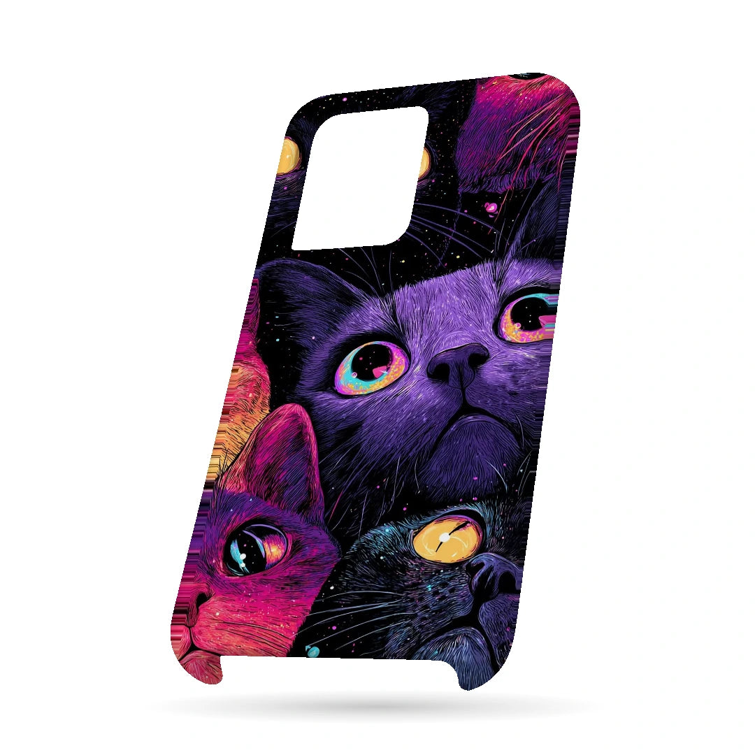 Neon Cat Faces 3D Print OnePlus 10T Phone Case, bottom view; close-up cat faces in vivid purple, pink and blue tones