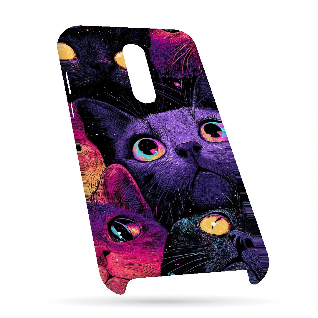 Neon Cat Faces 3D Print OnePlus 7 Phone Case, bottom view; close-up cat faces in vivid purple, pink and blue tones