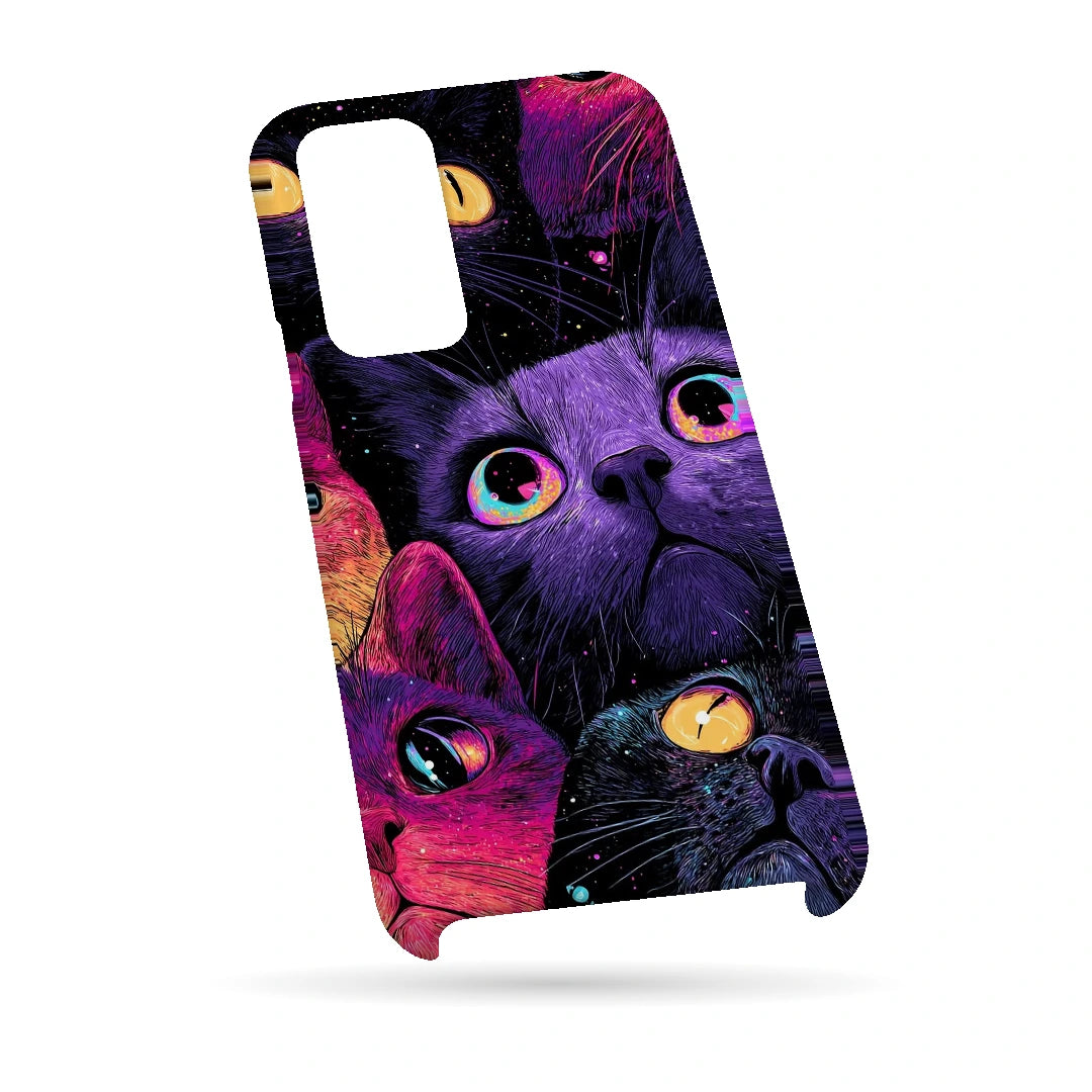 Neon Cat Faces 3D Print Samsung S23 FE Phone Case, bottom view; close-up cat faces in vivid purple, pink and blue tones