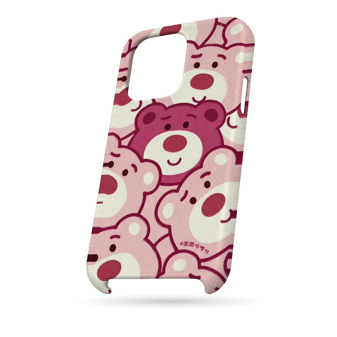 Pink Bear Pattern 3D Print iPhone 14 Pro Phone Case, bottom view; repeating cream and pink cartoon bear faces in a playful all-over pattern