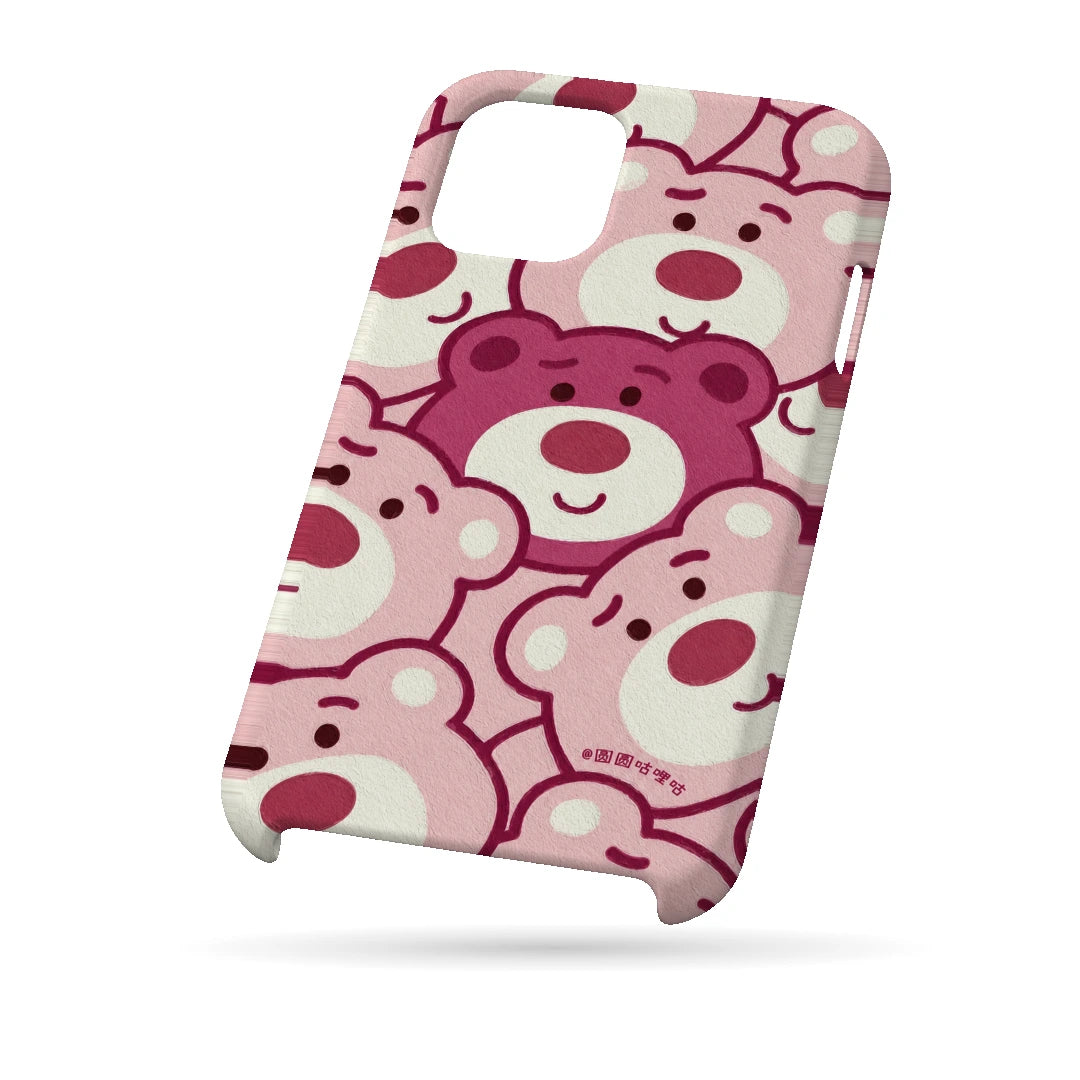Pink Bear Pattern 3D Print iPhone 15 Phone Case, bottom view; repeating cream and pink cartoon bear faces in a playful all-over pattern