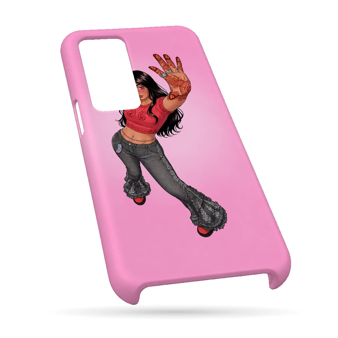 Pink Mehendi Girl 3D Print OnePlus Nord CE Phone Case, bottom view; a dancing illustrated girl raising a henna-decorated hand on a pink background