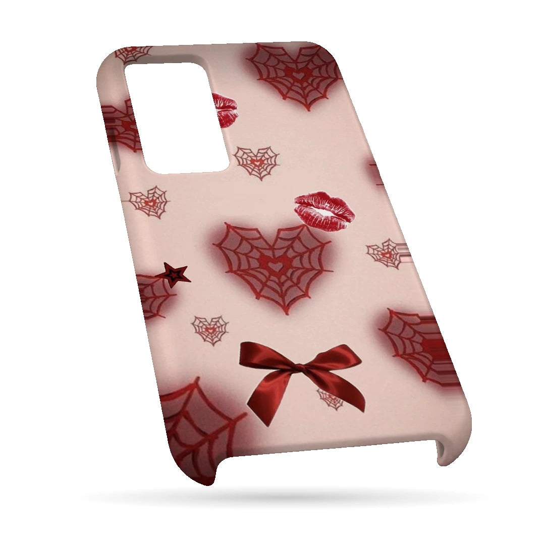 Pink Webs and Bows 3D Print OnePlus Nord 2T Phone Case, bottom view; red spiderweb hearts, lips and ribbon bows on a pale pink background
