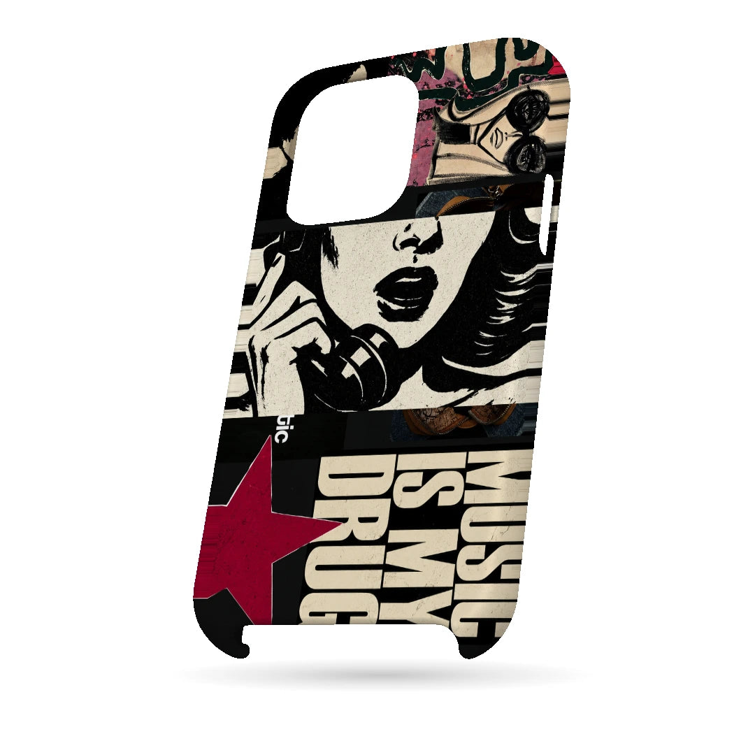 Pop Art Music Collage 3D Print iPhone 14 Pro Phone Case, bottom view; graphic female portraits and bold music-inspired lettering in cream, black and pink