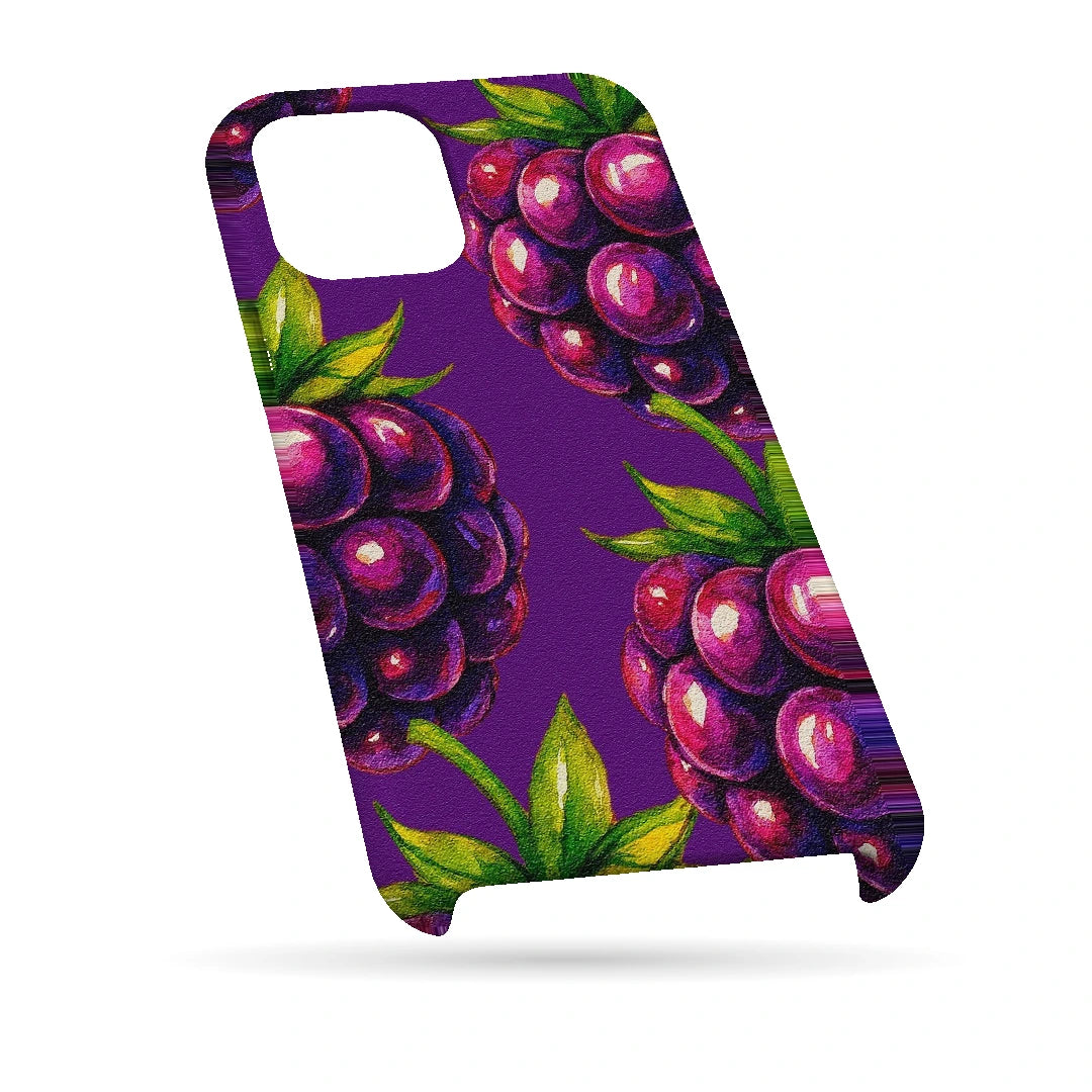 Purple Berry Pop 3D Print iPhone 14 Phone Case, bottom view; clusters of purple berries and green leaves on a violet background